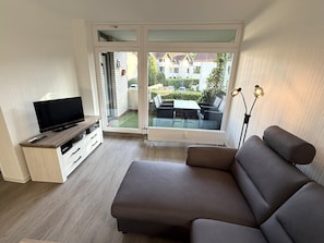 TV, DVD player, books, music library