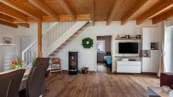 TV, lareira, aparelho de som