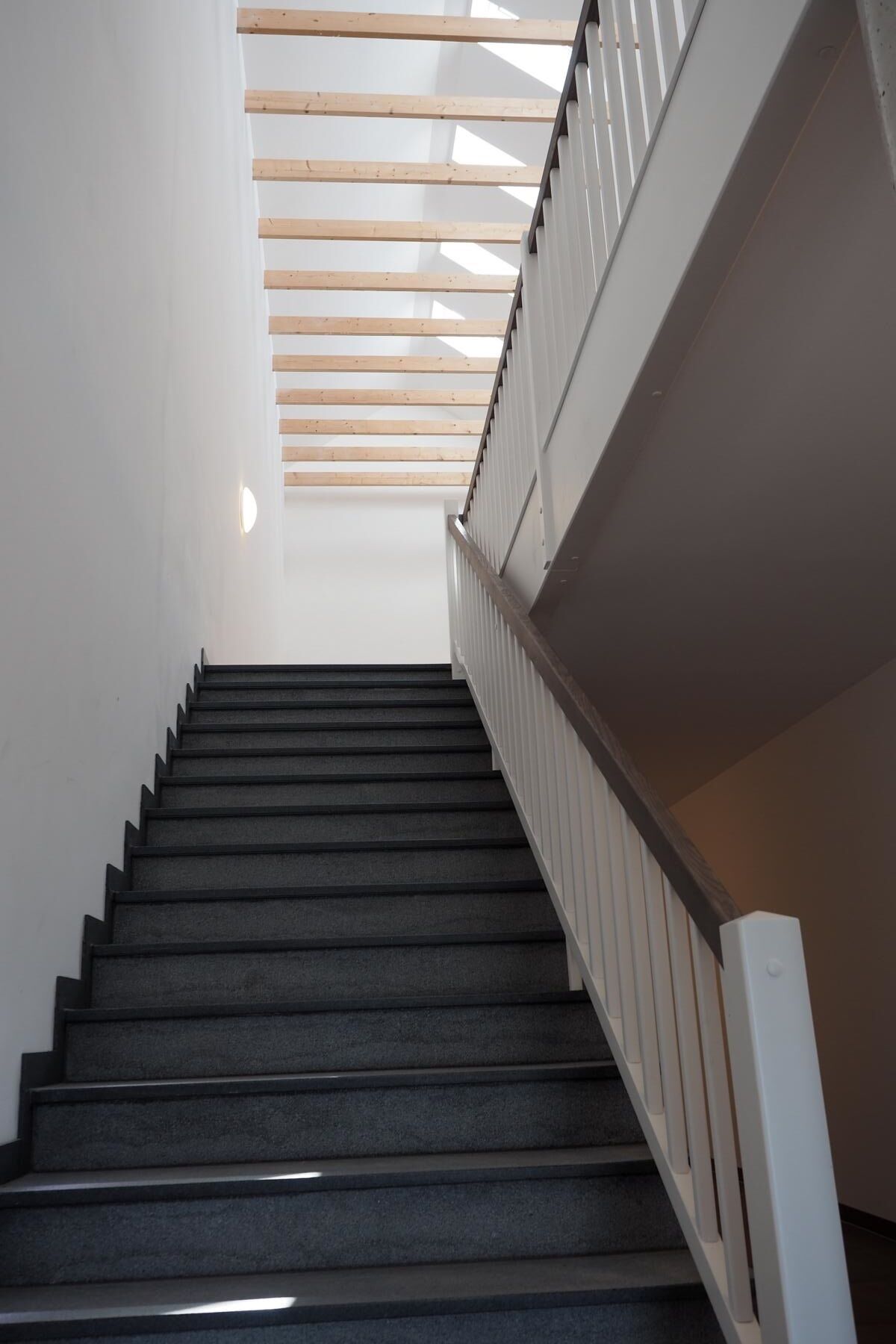 A staircase with dark steps and white railings, leading upwards.