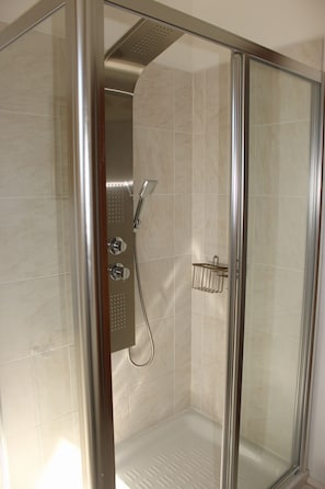 Chuveiro, secador de cabelo, toalhas de banho, papel higiênico