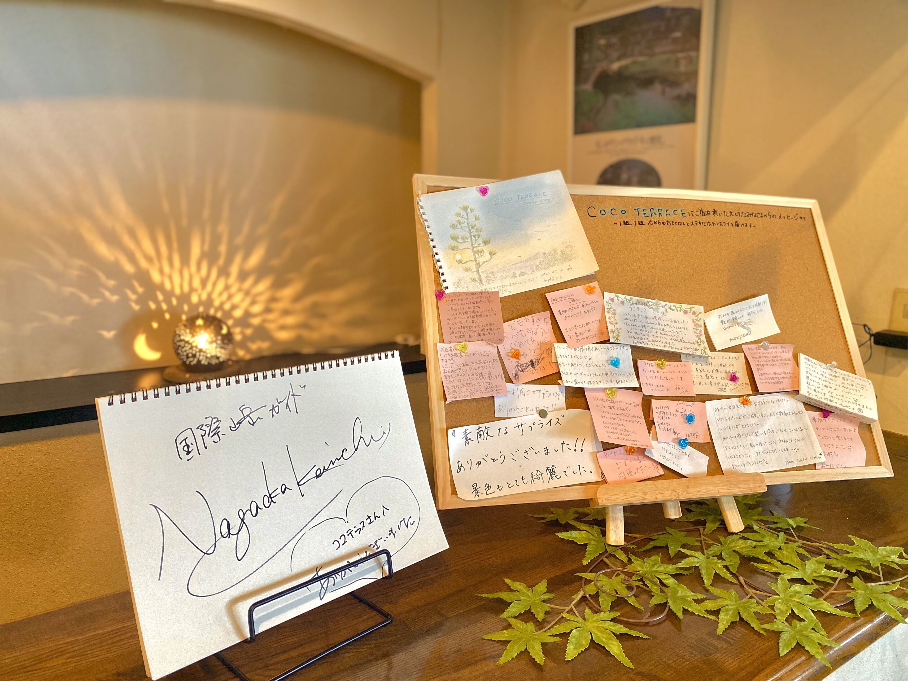 A corkboard with handwritten notes, a small plant, and a framed picture in a room with a wooden floor and a wall-mounted light fixture.