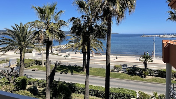 Una vista d'una carretera costanera amb palmeres i un cel blau clar.