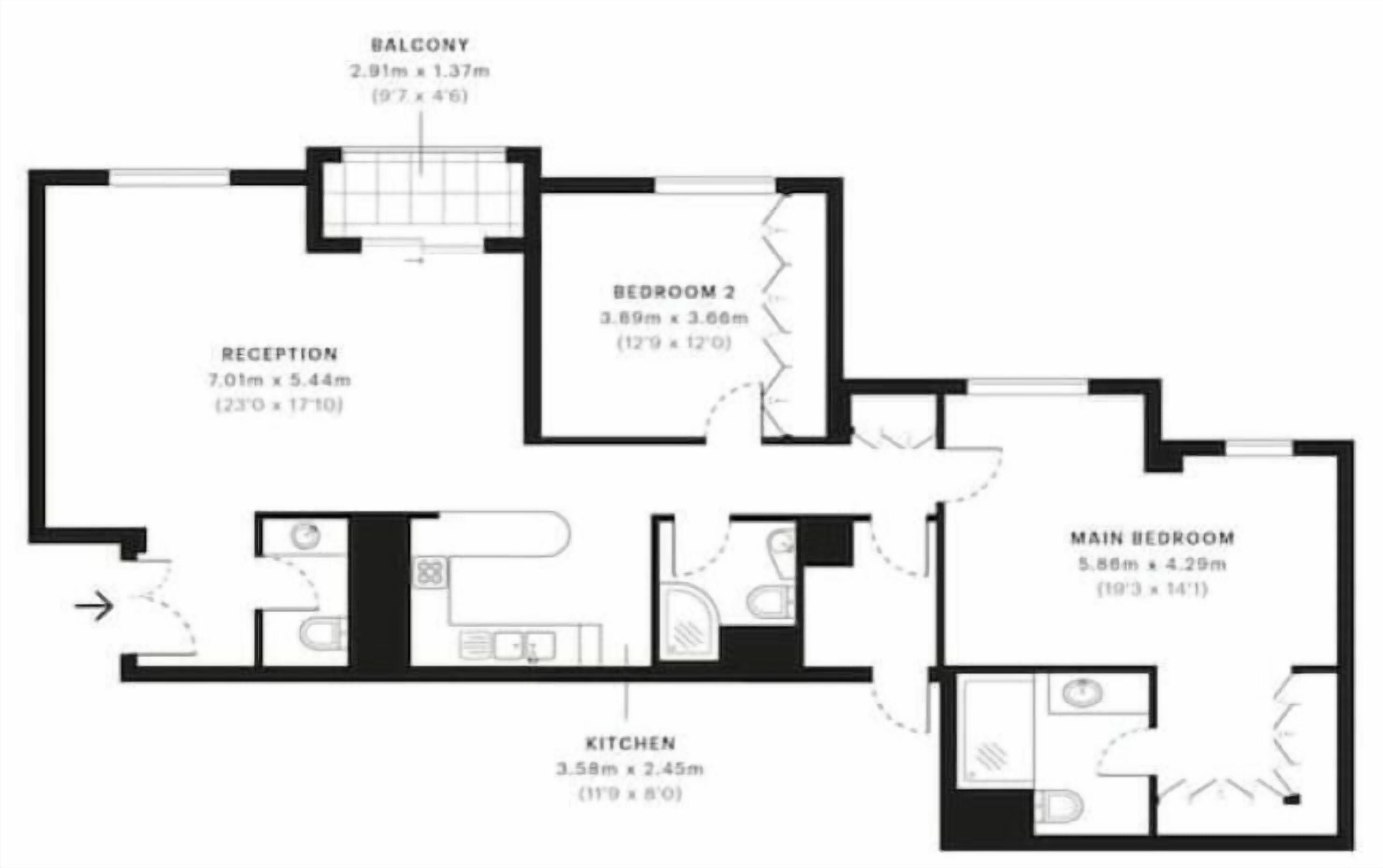 Een plattegrond van een hotel met een balkon, receptie, twee slaapkamers, een hoofdslaapkamer en een keuken.