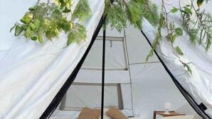 A cozy tent with a bed, pillows, and a hanging plant. - The vacation home (Siorac-de-Ribérac)