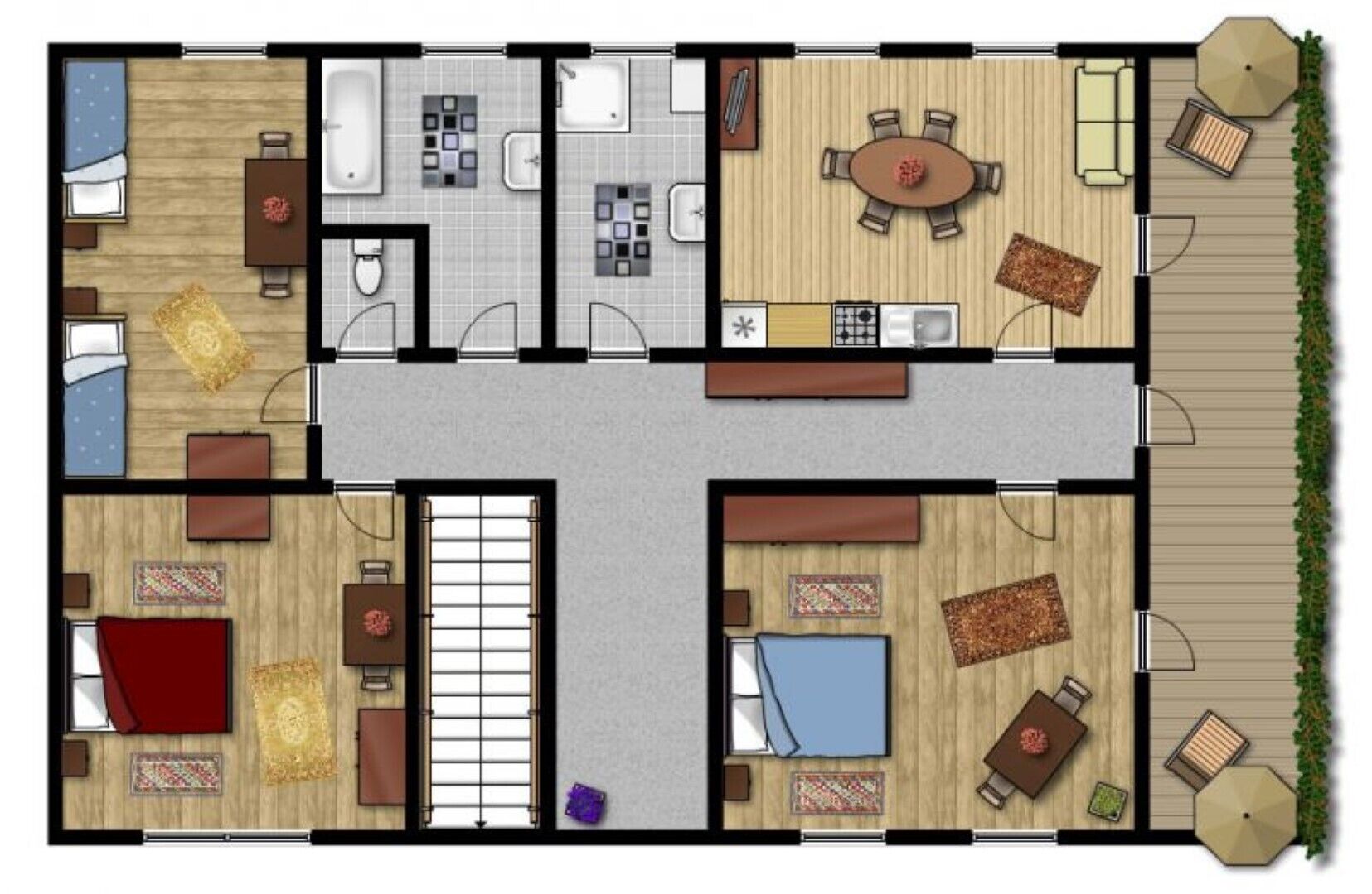 Een plattegrond van een hotel met meerdere slaapkamers, een keuken, een eetgedeelte en een klein terras.