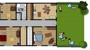 A two-story hotel layout with a dining area, kitchen, and a small garden with a lawn and a tree. - Appartement im 1.0g- - Urlaub auf dem Aignerhof (Muhr)