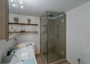 Regadera, secadora de cabello, bidet, toallas 