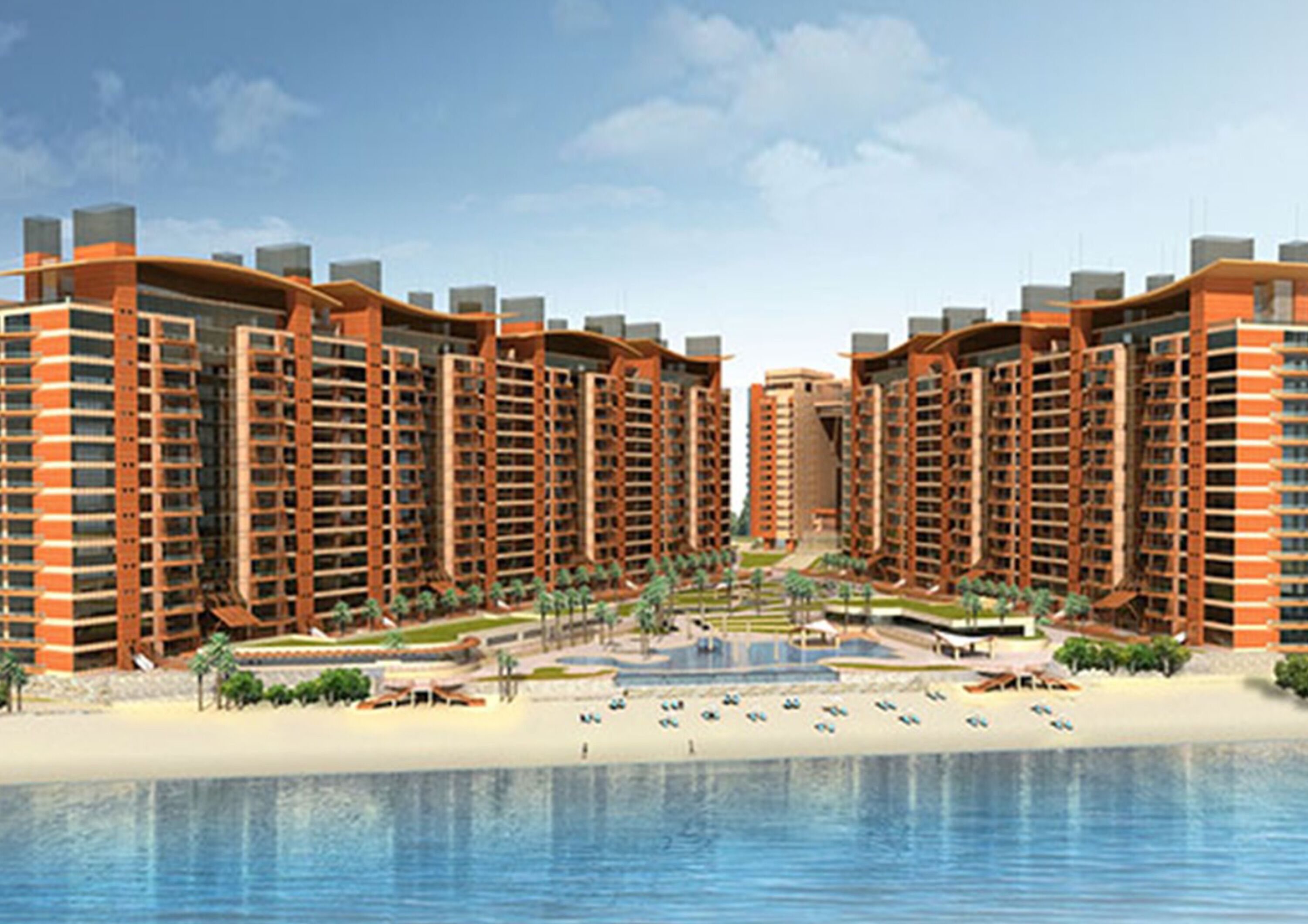 A high-rise residential building complex with multiple balconies, a central courtyard, and a pool area.