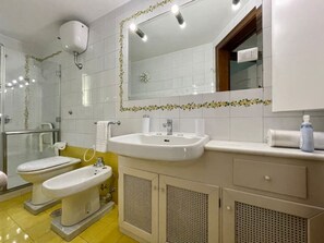 Shower, hair dryer, bidet, towels