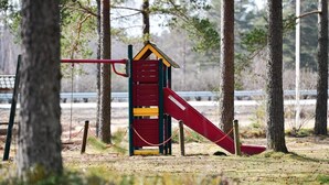 A playground with a slide and climbing structure in a wooded area. - Götaströms Värdshus (Skillingaryd)