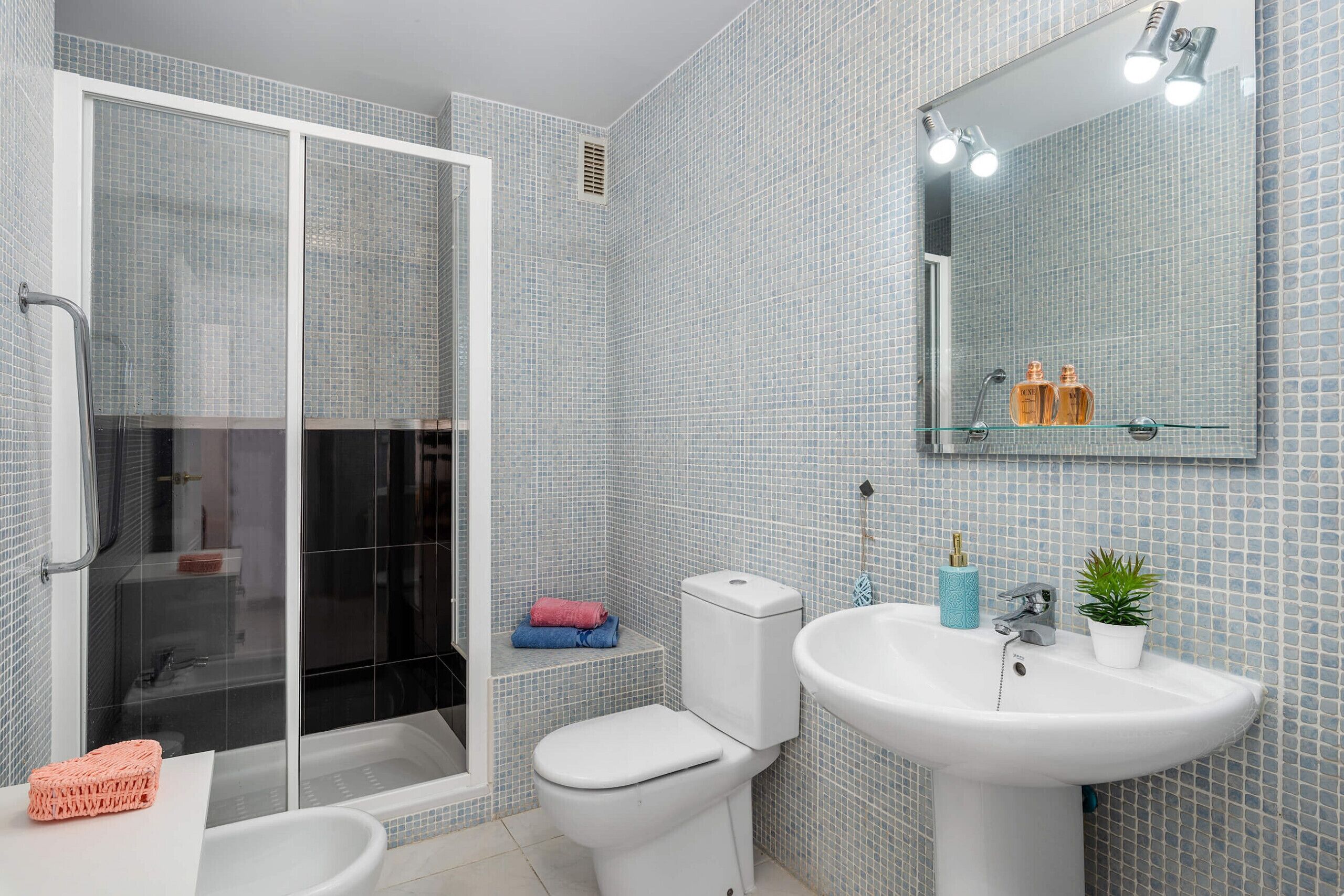 Une salle de bain avec une douche à parois de verre, des toilettes, un lavabo et un miroir.