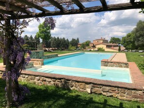 A rectangular swimming pool with stone and brick borders, surrounded by a grassy area and trees.
