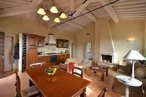 Ampla sala de estar com uma mesa de jantar de madeira, sofá, lareira e cozinha ao fundo.