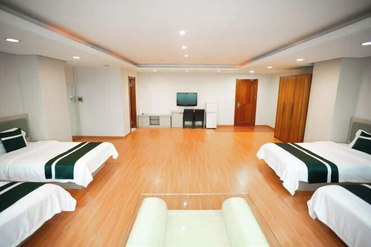 Habitación de hotel con dos camas, televisión, escritorio y espejo.