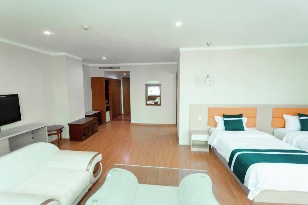 Una habitación de hotel con televisión, dos camas, un sofá, un escritorio y un espejo.