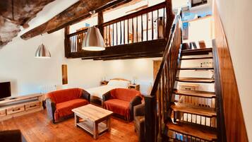 Televisie, een open haard en een tafeltennistafel