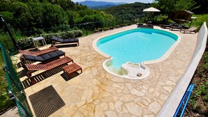 Ein Schwimmbecken mit Liegestühlen und einer Steinterrasse.