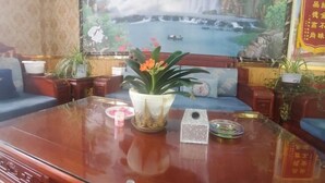 Habitació amb un quadre gran d'una cascada, un sofà, una taula amb una planta en test i una placa decorativa.
