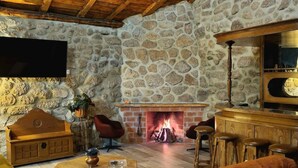 Un salon chaleureux avec un mur en pierre, une cheminée, des meubles en bois et un téléviseur fixé au mur.