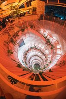 Una escalera de caracol de diseño moderno, rodeada por una barandilla y plantas en macetas.