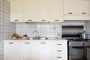 Een koelkast, een oven, kookgerei, borden en bestek, een eettafel