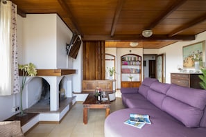 Ein Wohnzimmer mit Kamin, einer Couch, einem Couchtisch und einem Bücherregal.