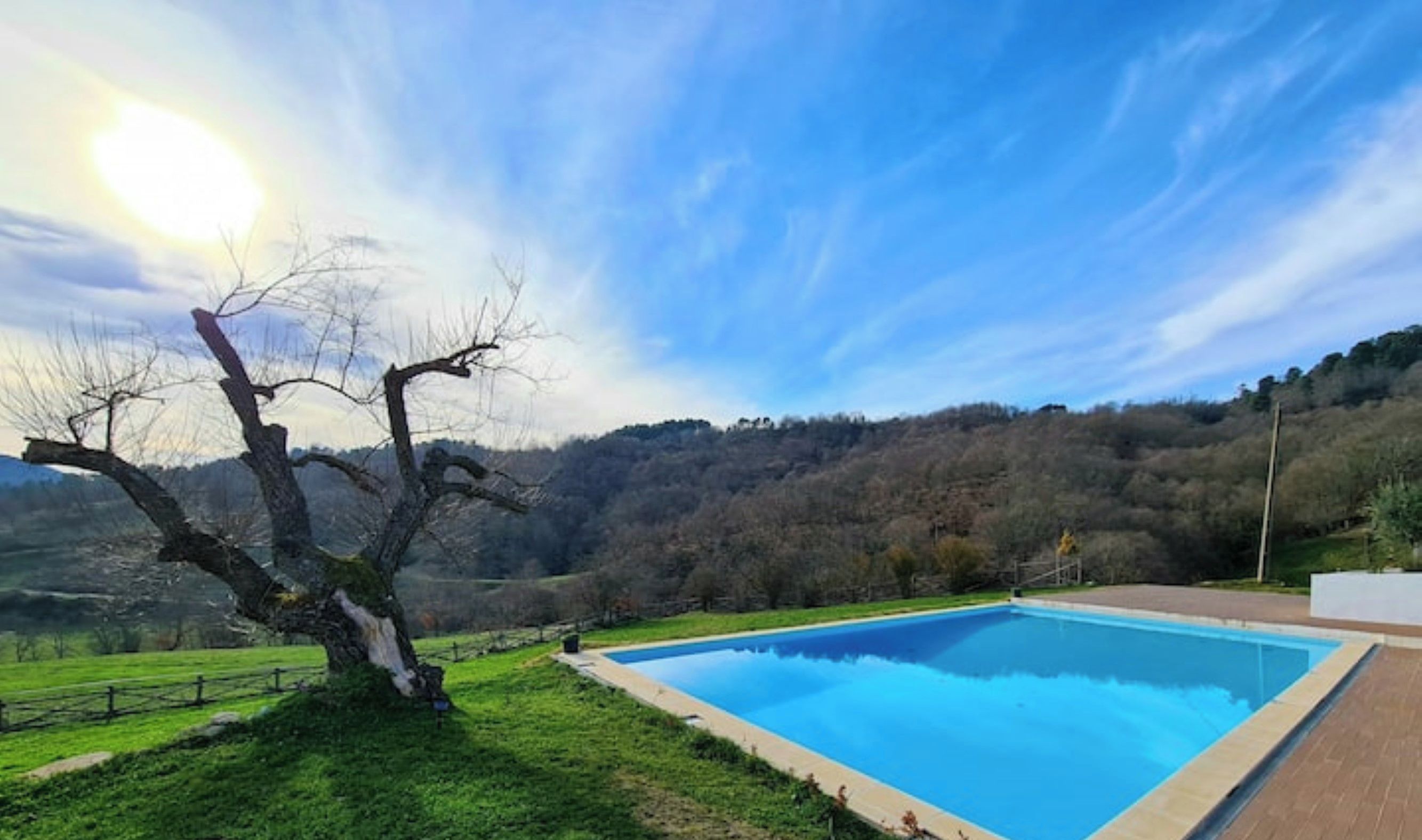 Una piscina con una vista despejada del paisaje circundante, que incluye un árbol y colinas al lejano.
