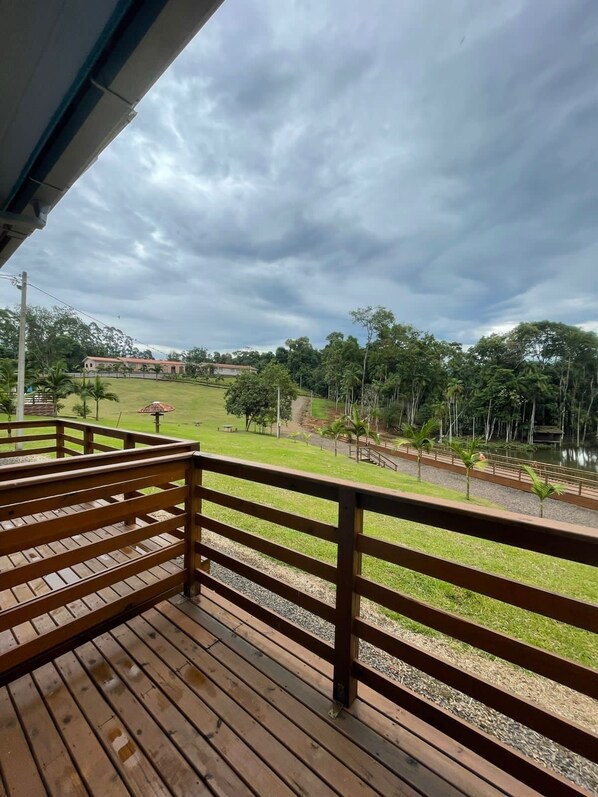 A wooden deck with a view of a grassy area, a pathway, and trees.