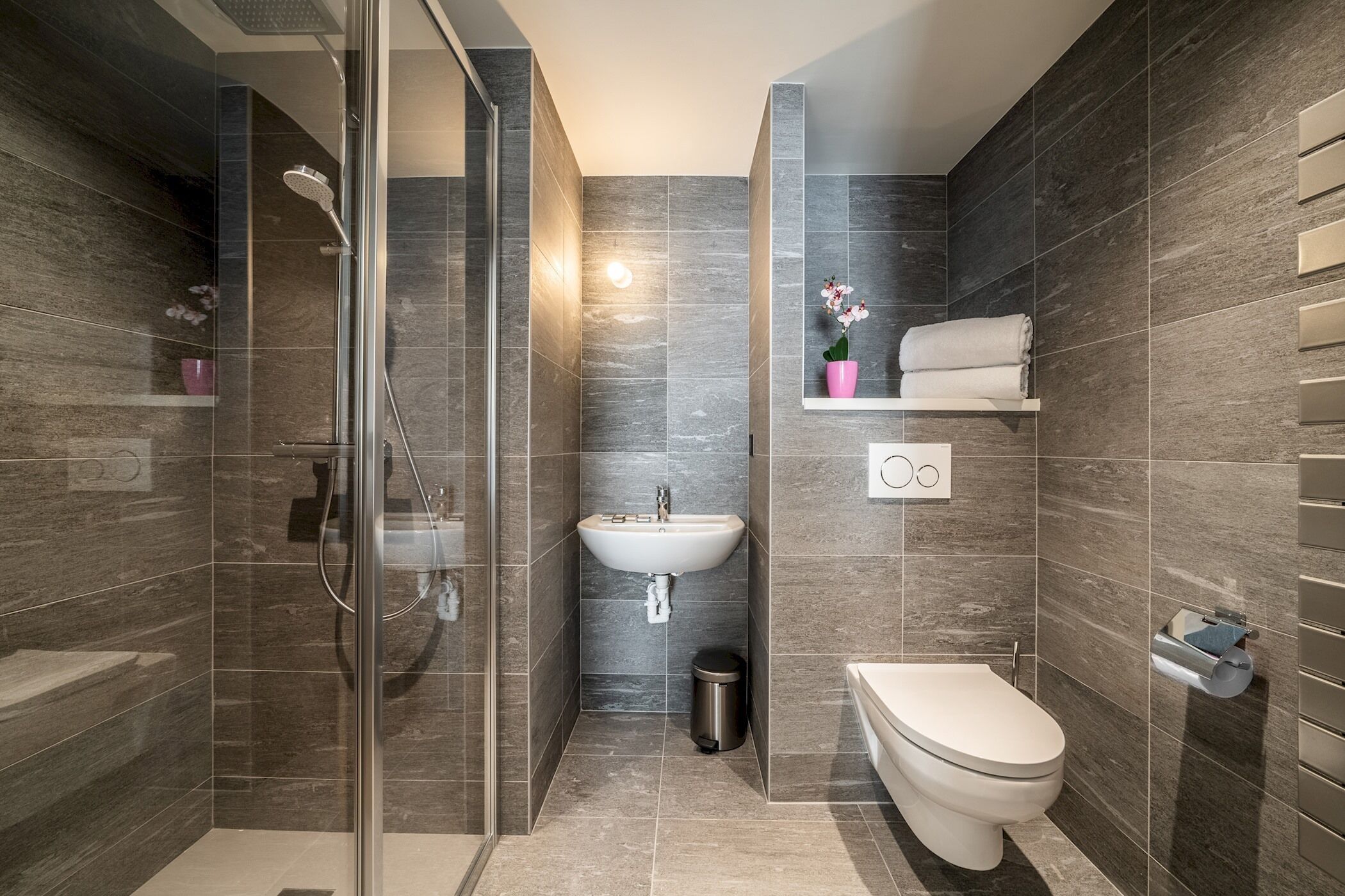 A modern bathroom with a glass-enclosed shower, a white sink, and a toilet.