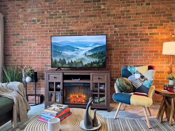 Smart TV, fireplace, books