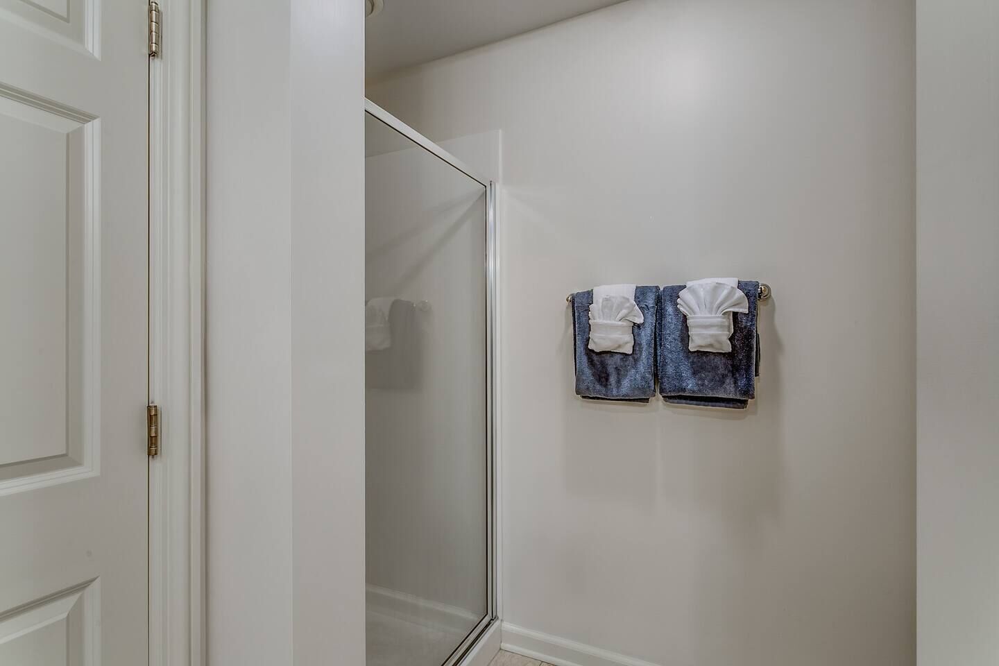 A bathroom with a glass shower door, white walls, and two towels hanging on a towel rack.