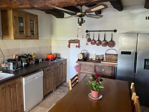 Une cuisine avec des meubles en bois, un réfrigérateur en acier inoxydable, une table à manger en bois agrémentée d’une plante en pot et un ventilateur de plafond.