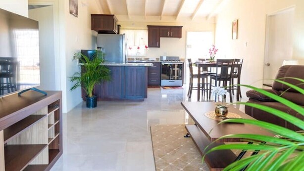 Un salon moderne avec un canapé, une table à manger et une cuisine en arrière-plan.