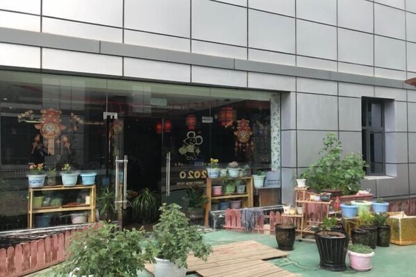 Een winkel met verschillende potplanten die buiten staan.