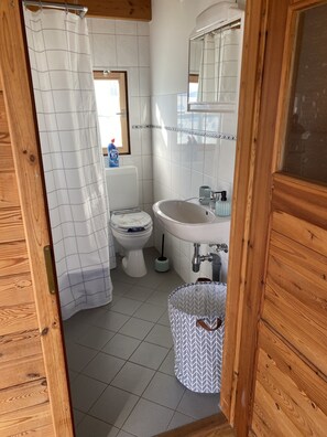 Un baño con estructura de madera, un inodoro blanco, un lavabo y un espejo.