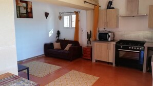 Un ambiente compatto con un divano, un tavolo da pranzo, un forno a microonde e un fornello.