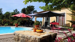 Zona junto a la piscina con una mesa de piedra, plantas en macetas y un paraguas rojo.