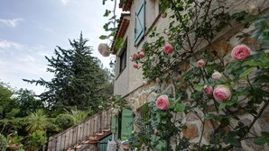 Ein Steinhaus mit einer Treppe, die zu einer grünen Tür führt, umgeben von üppigem Grün und rosa Rosen.