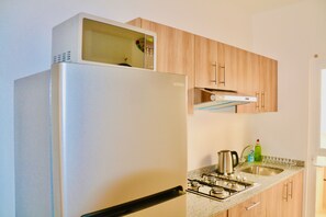 Fridge, microwave, stovetop, coffee/tea maker