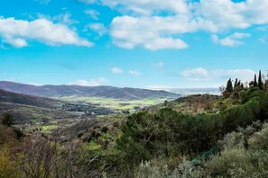 Paesaggio montuoso con valle, alberi e cielo sereno.