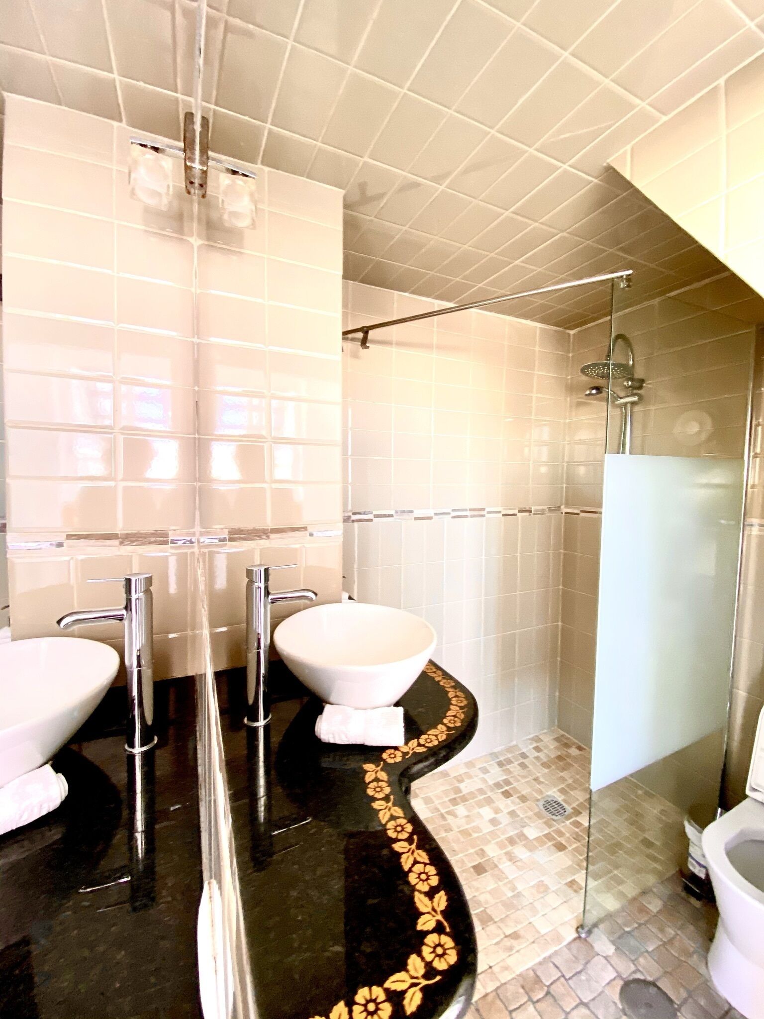 Dusj, hårføner, håndklær og såpe