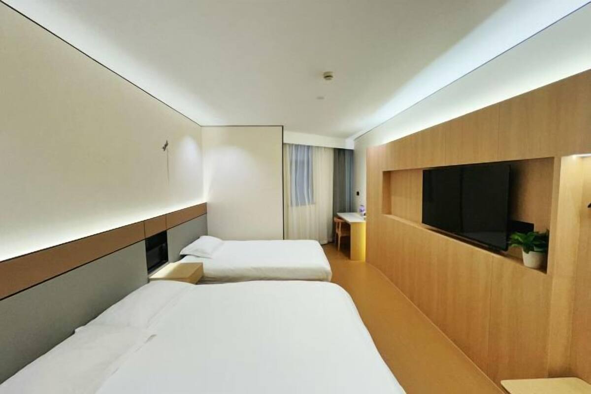 Une chambre d’hôtel avec deux lits, une télévision, une petite table et une plante.