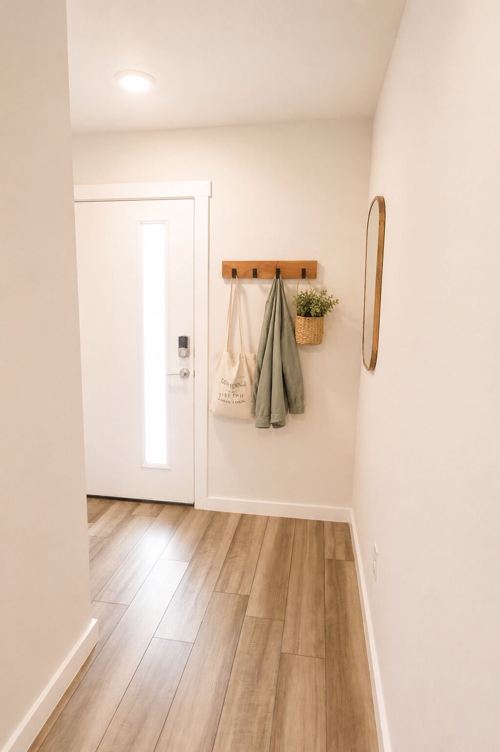 Un couloir avec un plancher en bois, un porte-manteau avec des sacs et une plante, une porte avec un interrupteur et un miroir accroché au mur.