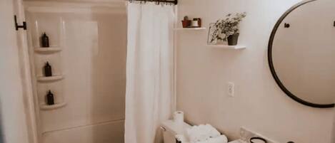 Un baño con ducha, inodoro, lavabo y espejo.