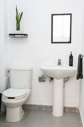 Een badkamer met toilet, wastafel en spiegel.
