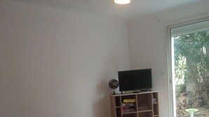 Une pièce avec un téléviseur posé sur un meuble en bois, une bibliothèque et une grande fenêtre donnant sur un paysage verdoyant.