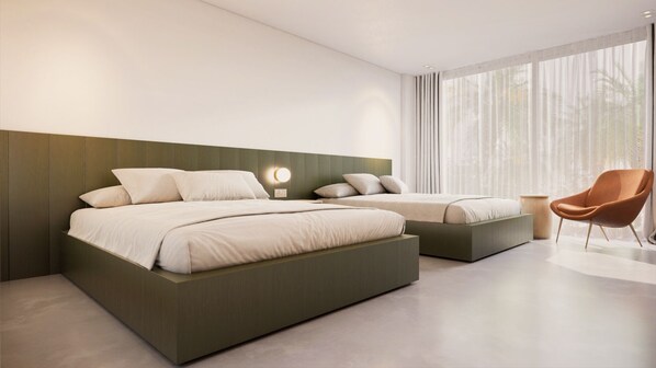 Premium bedding, pillowtop beds, desk, laptop workspace