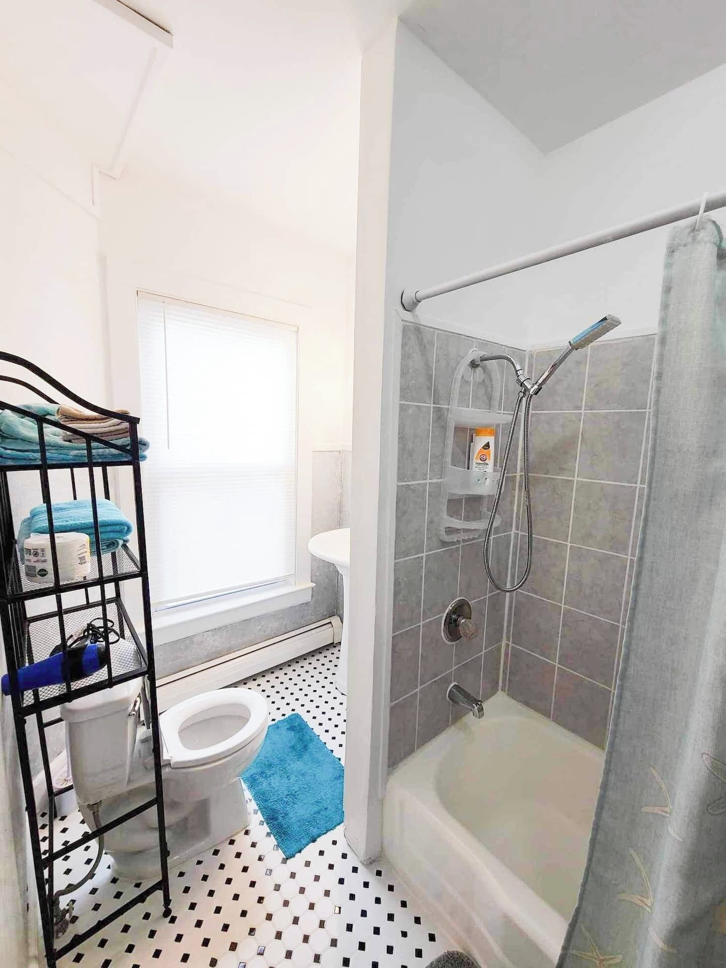Un baño con inodoro, ducha y lavamanos.