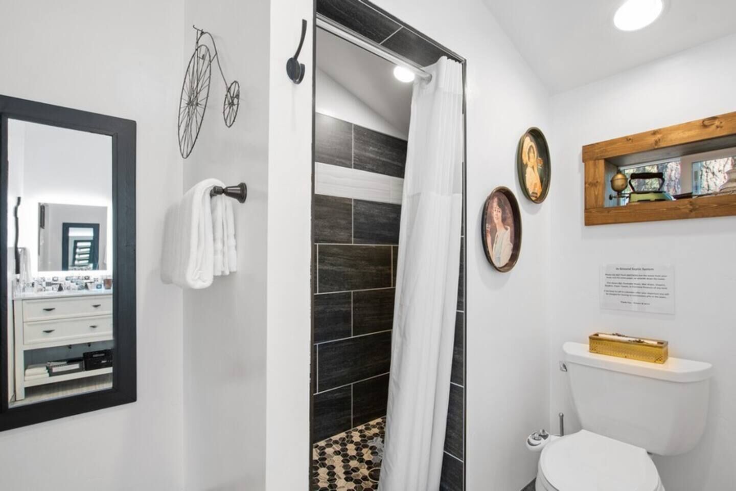 A modern bathroom with a shower, toilet, and sink. There is a mirror, towel rack, and a framed picture on the wall.