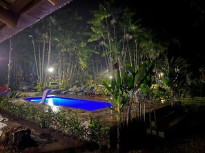 A nighttime pool area with a blue pool, lounge chairs, and palm trees. - Vila Noah Pousada (Paraty)